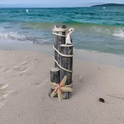 Pelican on Wood Pilings Nautical Statue with Starfish – Coastal Decor for Porch, Garden, or Poolside - Marine Bird Sculpture - DRH Nautical Décor
