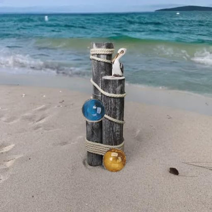 Ocean’s Perch Pelican on Wood Piling with Glass Japanese Fishing Floats - Garden Bird Decor - Coastal Decor Pelicans Bird Statue - Beach House - Nautical Decoration