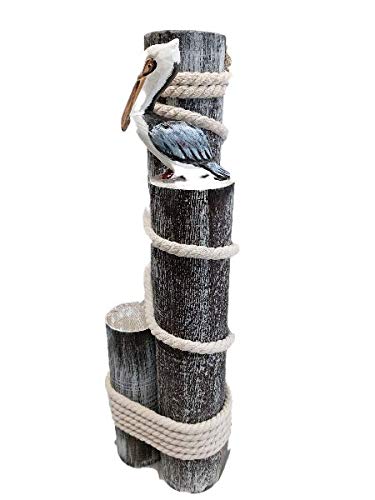 DRH - Ocean’s Perch Pelican on Wood Piling Garden Bird Decor - Coastal Decor - Pelicans Bird Statue - Beach Fisherman’s Rope on 3 Wooden Stumps - Nautical Decoration for Any Home Office