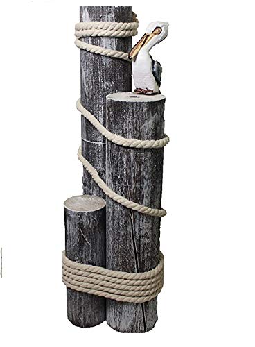 DRH - Ocean’s Perch Pelican on Wood Piling Garden Bird Decor - Coastal Decor - Pelicans Bird Statue - Beach Fisherman’s Rope on 3 Wooden Stumps - Nautical Decoration for Any Home Office