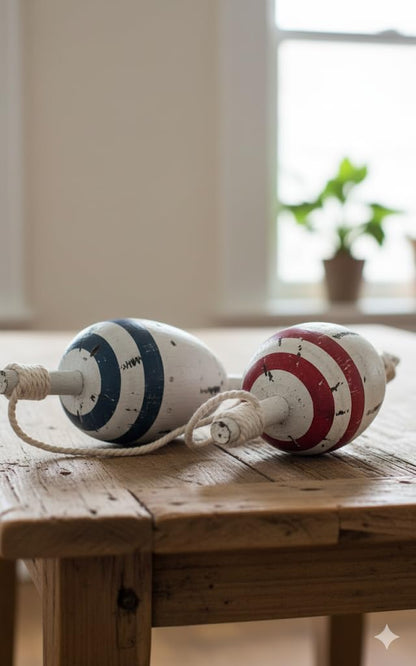 DRH - Nautical Vintage Set of 2 Wooden Lobster Trap Buoy with Rope Accents - Blue and Red - 11" X 4"