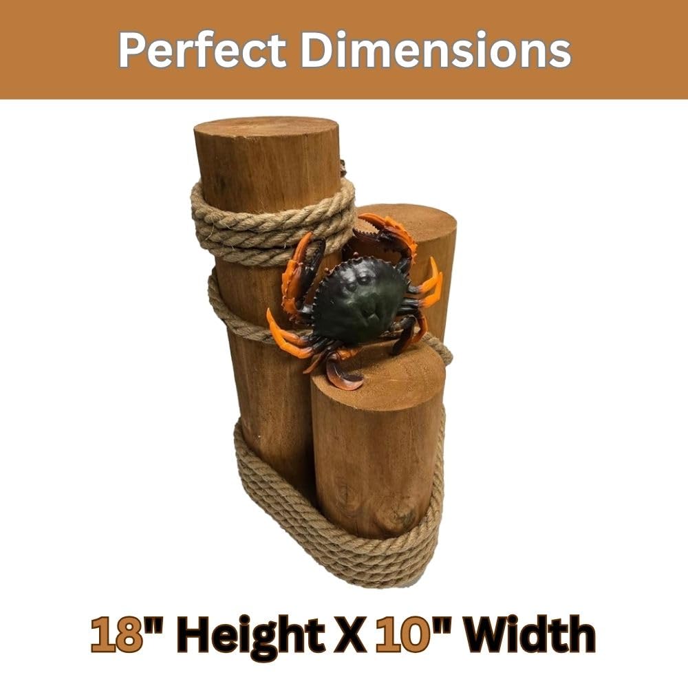 Set of 3 Real Wood Nautical Pier Pilings with Rope – 5" Diameter Decorative Marine Posts for Coastal Decor – Beach House, Patio, Dock Display – Includes Detailed Rubber Crab Accent