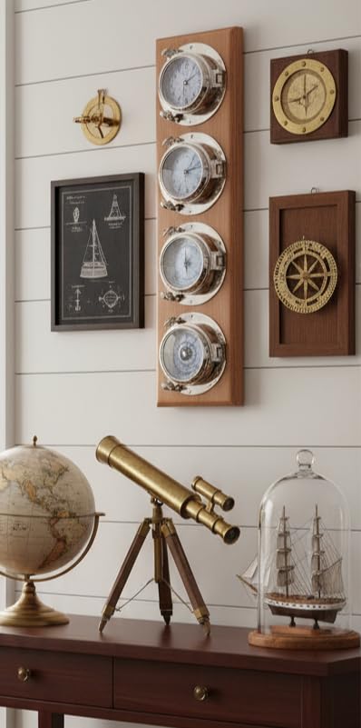 HS Clock, Barometer, Thermometer & Hygrometer Brass Porthole Weather Station on Oak Wood Base - DRH Nauticals