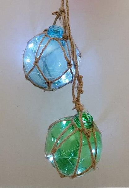 DRH - Set of Four Japanese Fishing Buoy with Rope Float Ball LED Light Bright Nautical Decor Roped Net Floats Hanging Gift for Sea Lovers 3 x 24 inches, Blue Green Violet