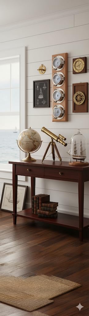 HS Clock, Barometer, Thermometer & Hygrometer Brass Porthole Weather Station on Oak Wood Base - DRH Nauticals