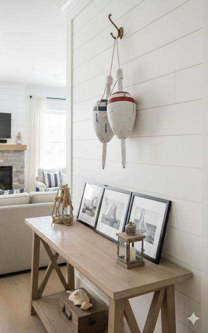 DRH - Nautical Vintage Set of 2 Wooden Lobster Trap Buoy with Rope Accents - Blue and Red - 11" X 4"