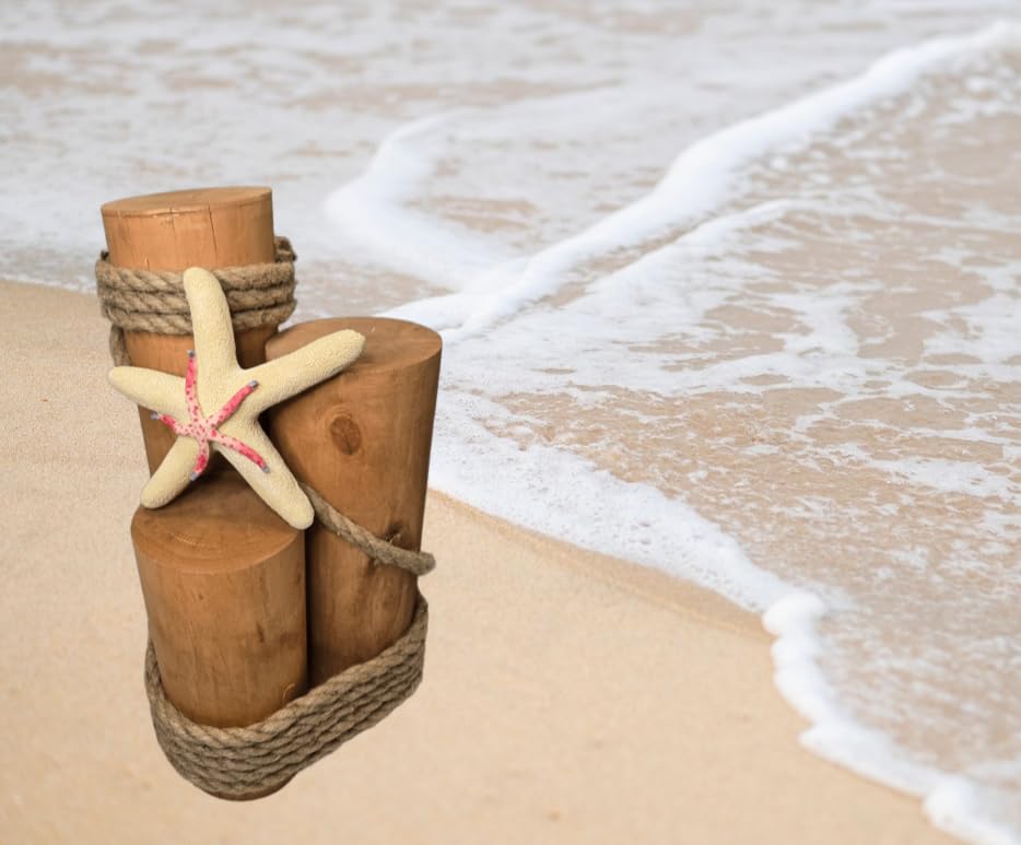 Set of 3 Nautical Wood Piling Decorations with Stunning Starfish– Real Wooden Pier Posts for Coastal, Marine, or Nautical Decor - Huge 5” Diameter Stumps for Beach Home Decor