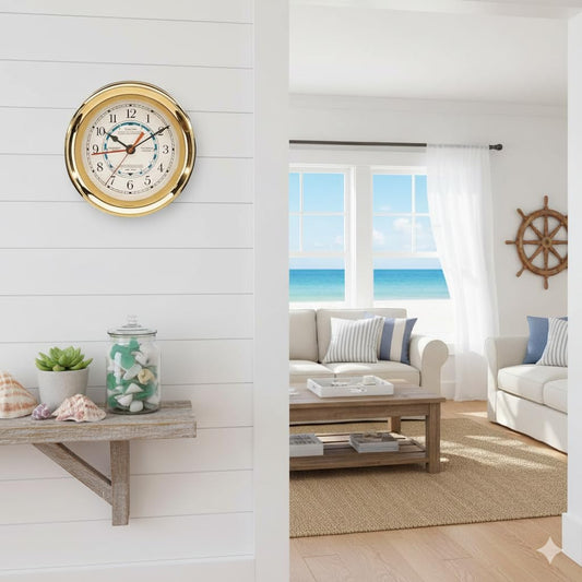 DRH Wall Clock | Brass Captain Tide & Time Clock | Completely Silent Bedroom Decor Wall Clock, Clear Glass Large Numbers Home Decorate Clock | 7.5 Inch