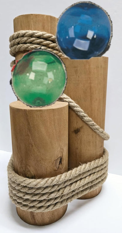 Set of 3 Nautical Wood Piling Decorations with Glass Fishing Floats – Real Wooden Pier Posts for Coastal, Marine, or Nautical Decor - Huge 5” Diameter Stumps for Beach Home Decor