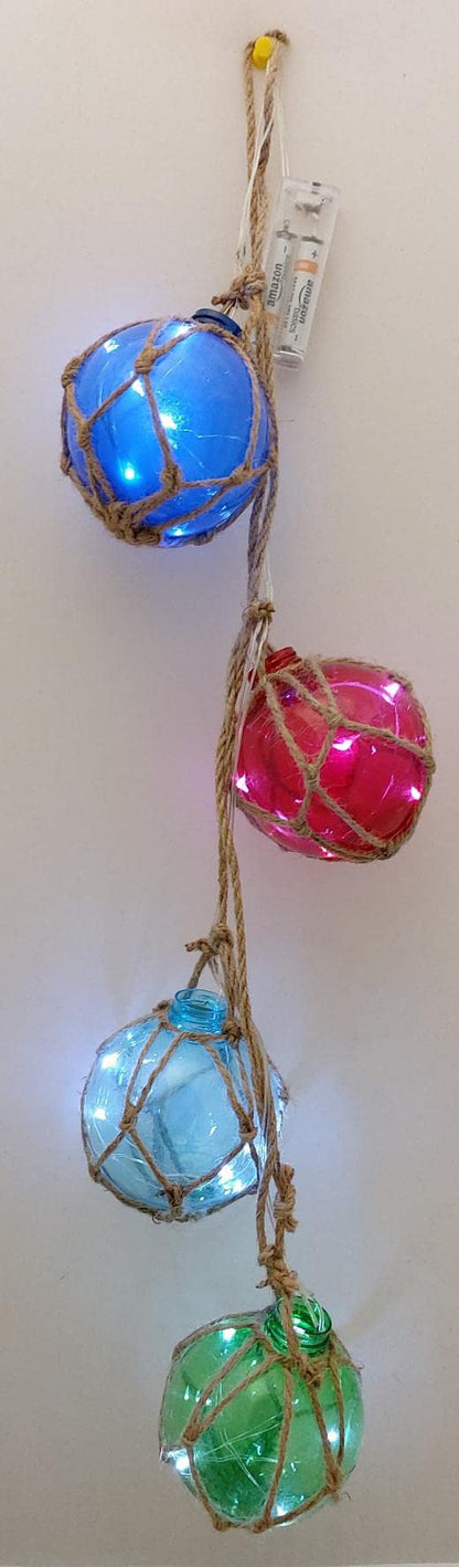 DRH - Set of Four Japanese Fishing Buoy with Rope Float Ball LED Light Bright Nautical Decor Roped Net Floats Hanging Gift for Sea Lovers 3 x 24 inches, Blue Green Violet