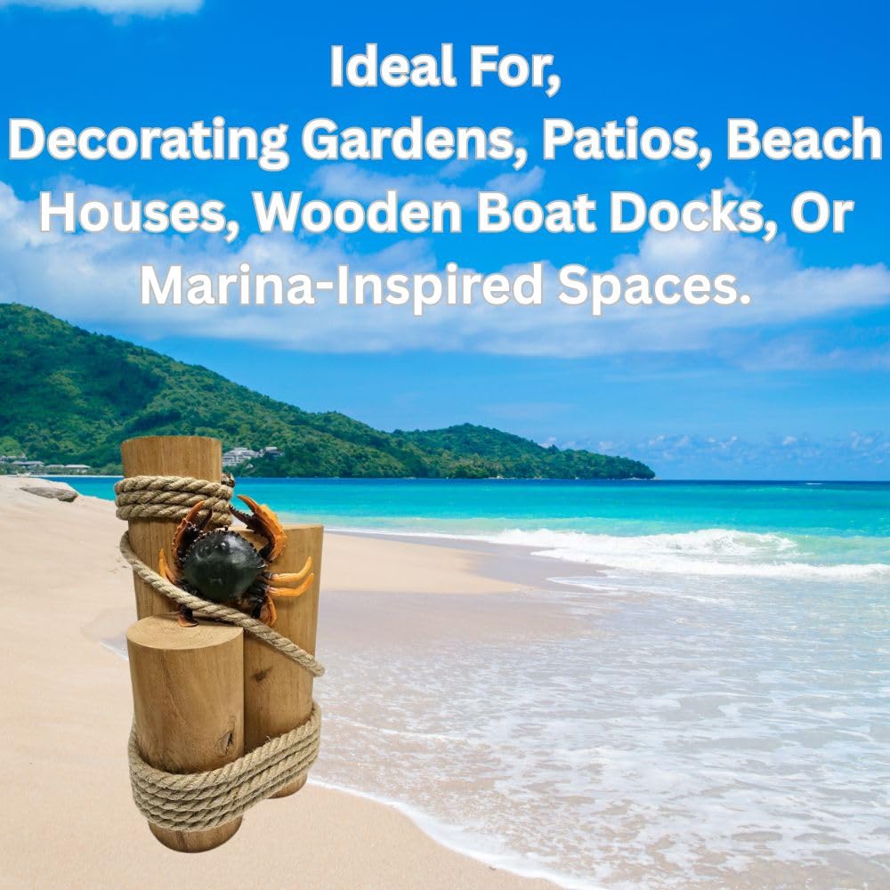Set of 3 Real Wood Nautical Pier Pilings with Rope – 5" Diameter Decorative Marine Posts for Coastal Decor – Beach House, Patio, Dock Display – Includes Detailed Rubber Crab Accent