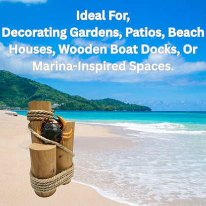 Set of 3 Real Wood Nautical Pier Pilings with Rope – 5" Diameter Decorative Marine Posts for Coastal Decor – Beach House, Patio, Dock Display – Includes Detailed Rubber Crab Accent
