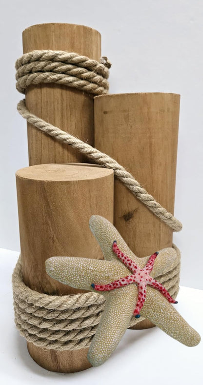 Set of 3 Nautical Wood Piling Decorations with Stunning Starfish– Real Wooden Pier Posts for Coastal, Marine, or Nautical Decor - Huge 5” Diameter Stumps for Beach Home Decor