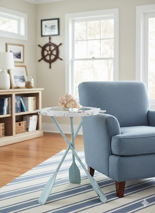 DRH - Nautical Ship Wheel Table - Made of Wood, Glass & Metal Paddle Legs - Nautical Table for Beach House - Coastal Decor Table for Sailors - Perfect as Coffee Table and End Table