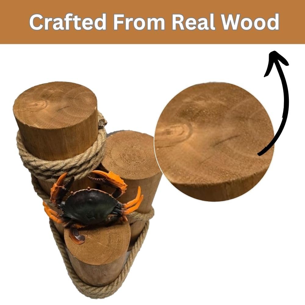 Set of 3 Real Wood Nautical Pier Pilings with Rope – 5" Diameter Decorative Marine Posts for Coastal Decor – Beach House, Patio, Dock Display – Includes Detailed Rubber Crab Accent