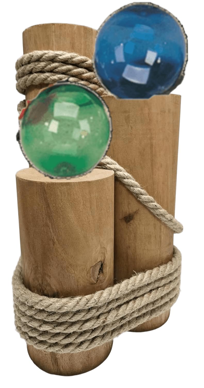 Set of 3 Nautical Wood Piling Decorations with Glass Fishing Floats – Real Wooden Pier Posts for Coastal, Marine, or Nautical Decor - Huge 5” Diameter Stumps for Beach Home Decor