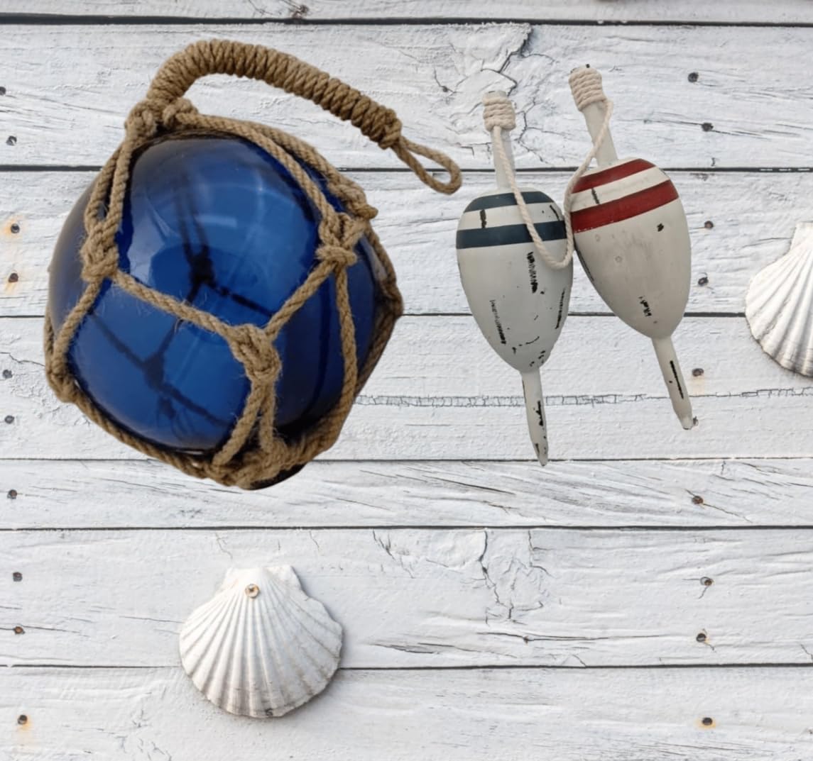 Nautical Glass Fishing Float & Wooden Buoy Set - 12" Blue Glass Ball with Net + 11" Distressed Wood Buoy - Coastal Beach House Decor, Vintage Ocean Gift - DRH Nauticals