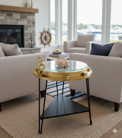 DRH - Nautical Wood Ship Porthole Table - Gold Color with Black Metal Legs - Round Accent Table for Beach House and Boats - Coastal Theme - Perfect as Coffee Table and End Table - DRH Nauticals