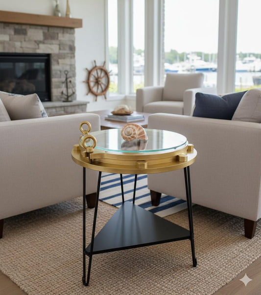 DRH - Nautical Wood Ship Porthole Table - Gold Color with Black Metal Legs - Round Accent Table for Beach House and Boats - Coastal Theme - Perfect as Coffee Table and End Table