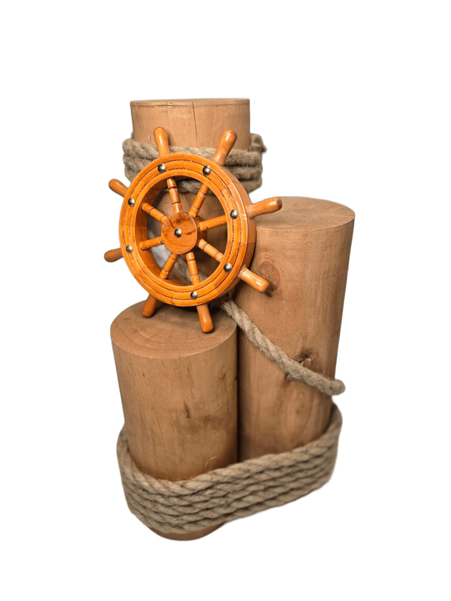 Set of 3 Nautical Wood Piling Decorations with Beautiful Wooden Shipwheel – Real Wooden Pier Posts for Coastal, Marine, or Nautical Decor - Huge 5” Diameter Stumps for Beach Home Decor