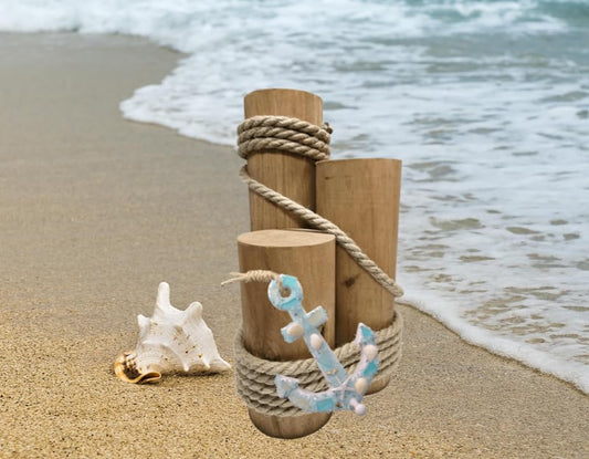 Set of 3 Nautical Wood Piling Decorations with Beautiful Anchor– Real Wooden Pier Posts for Coastal, Marine, or Nautical Decor - Huge 5” Diameter Stumps for Beach Home Decor