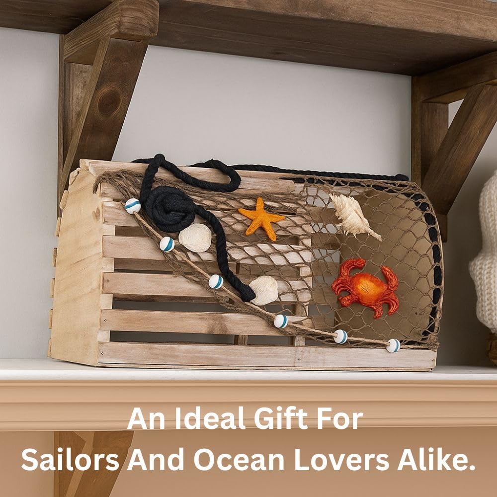 Decorative Lobster Trap Nautical Coastal Decor – Distressed Wood with Fishnet, Seashells, Crab & Starfish Accents – Perfect Beach House, Boat Decoration – Unique Ocean-Themed Gift for Sea Lovers - DRH Nauticals