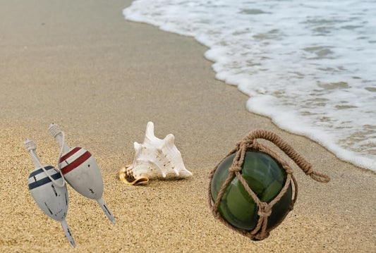 Nautical Glass Fishing Float & Wooden Buoy Set - 12" Green Glass Ball with Net + 11" Distressed Wood Buoy - Coastal Beach House Decor, Vintage Ocean Gift