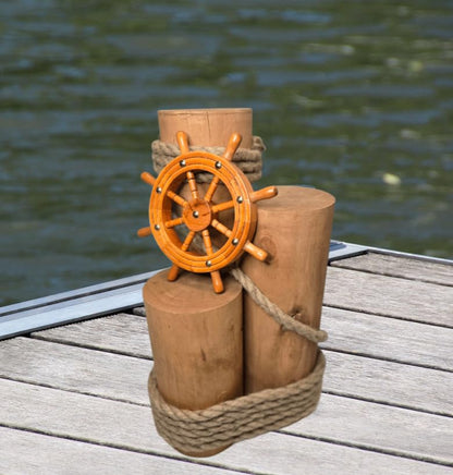 Set of 3 Nautical Wood Piling Decorations with Beautiful Wooden Shipwheel – Real Wooden Pier Posts for Coastal, Marine, or Nautical Decor - Huge 5” Diameter Stumps for Beach Home Decor