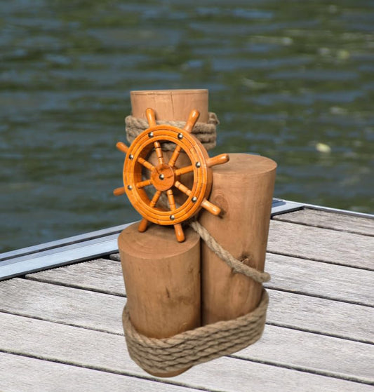 Set of 3 Nautical Wood Piling Decorations with Beautiful Wooden Shipwheel – Real Wooden Pier Posts for Coastal, Marine, or Nautical Decor - Huge 5” Diameter Stumps for Beach Home Decor