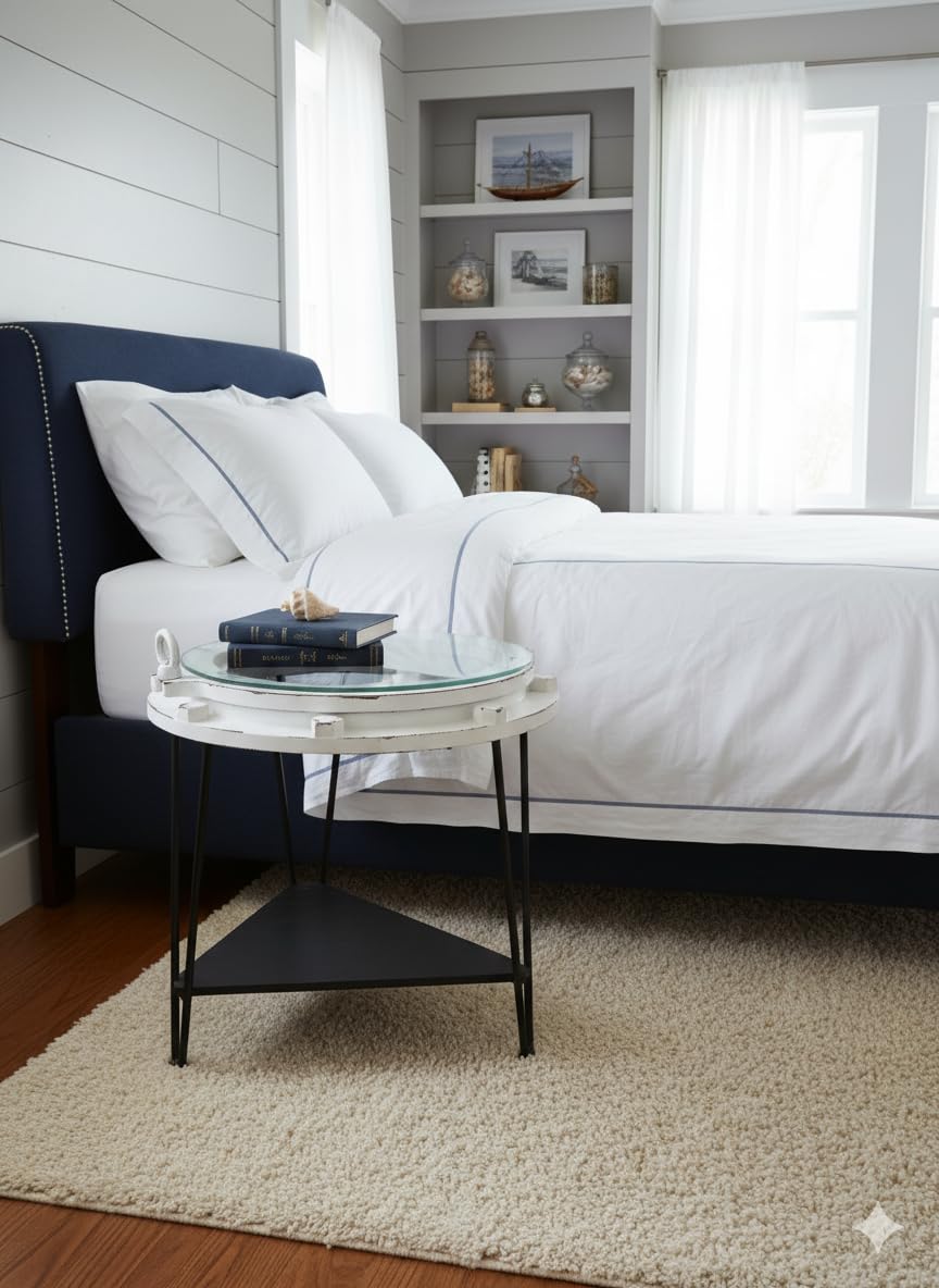 DRH - Nautical Wood Ship Porthole Table - Distressed White Color with Black Metal Legs - Round Accent Table for Beach House and Boats - Coastal Theme - Perfect as Coffee Table and End Table - DRH Nauticals