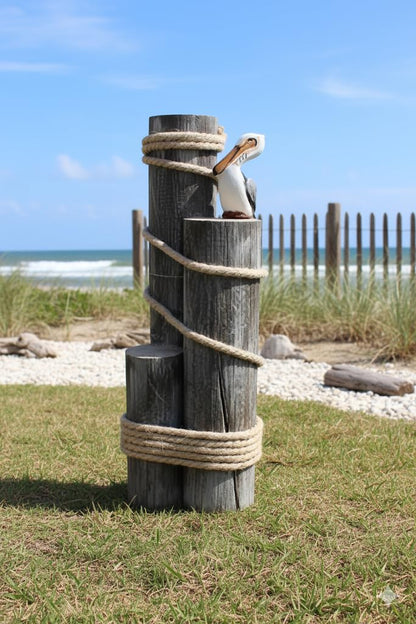 DRH - Ocean’s Perch Pelican on Wood Piling Garden Bird Decor - Coastal Decor - Pelicans Bird Statue - Beach Fisherman’s Rope on 3 Wooden Stumps - Nautical Decoration for Any Home Office