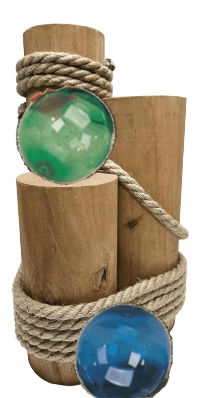 Set of 3 Nautical Wood Piling Decorations with Glass Fishing Floats – Real Wooden Pier Posts for Coastal, Marine, or Nautical Decor - Huge 5” Diameter Stumps for Beach Home Decor