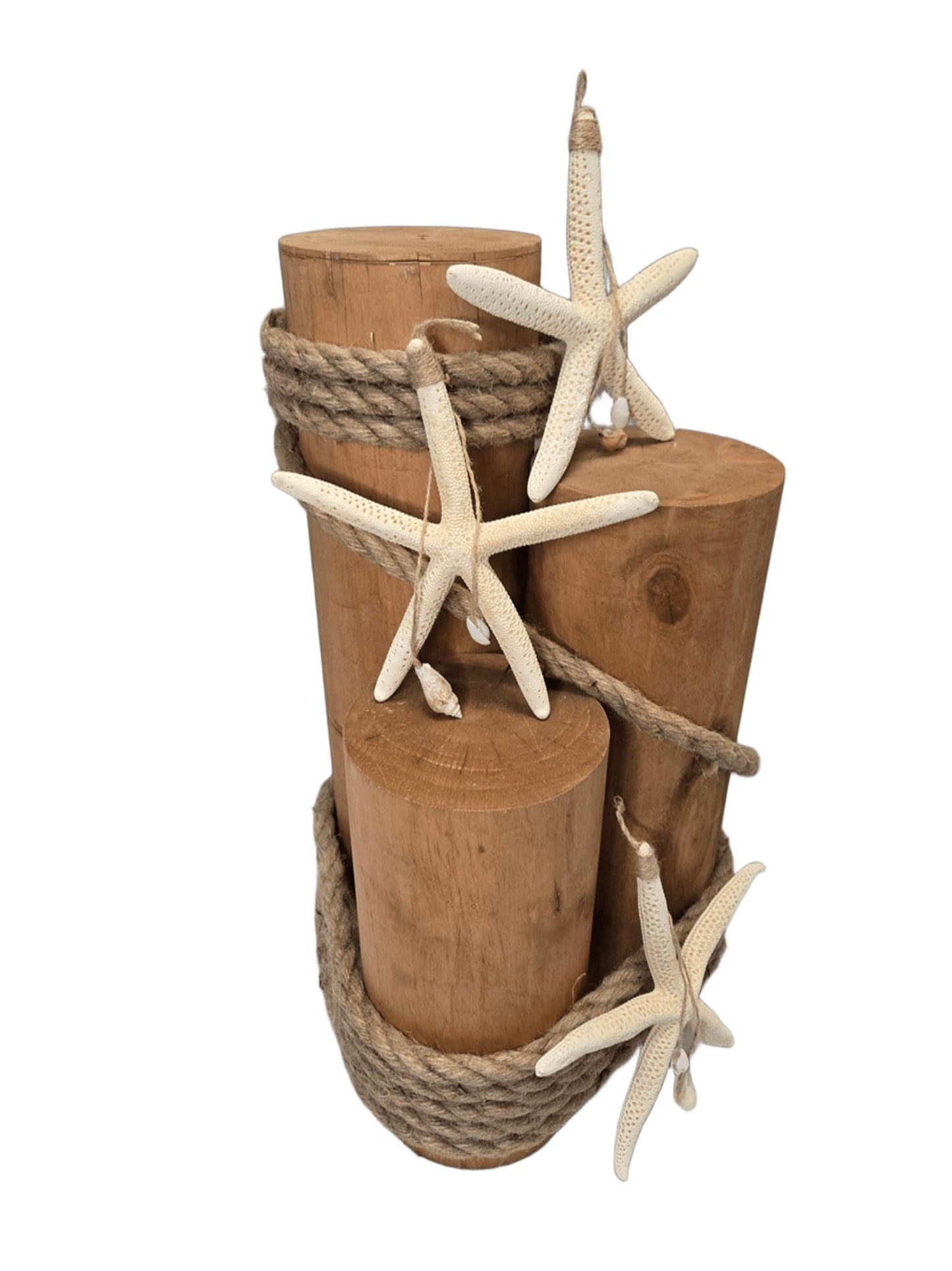 Set of 3 Nautical Wood Piling Decorations with Real Hanging Starfish – Real Wooden Pier Posts for Coastal, Marine, or Nautical Decor - Huge 5” Diameter Stumps for Beach Home Decor