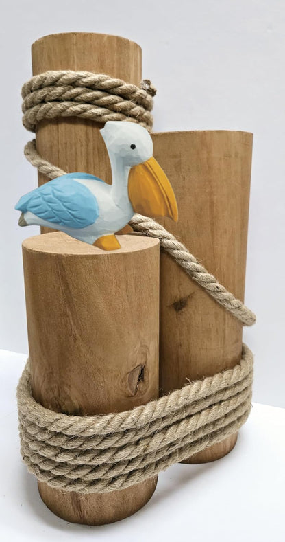 Set of 3 Nautical Wood Piling Decorations with Beautiful Pelican – Real Wooden Pier Posts for Coastal, Marine, or Nautical Decor - Huge 5” Diameter Stumps for Beach Home Decor