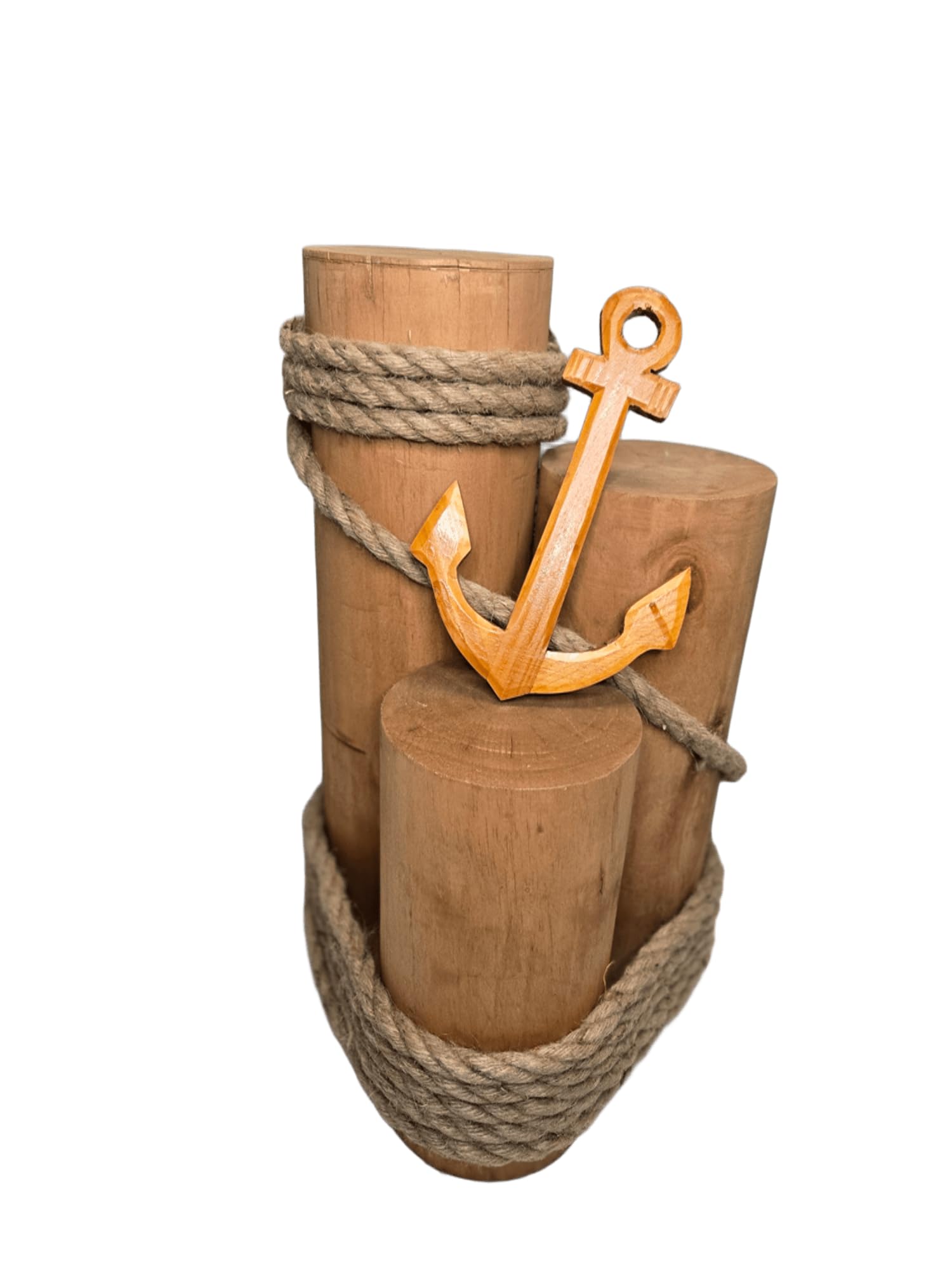 Set of 3 Nautical Wood Piling Decorations with Beautiful Wooden Anchor– Real Wooden Pier Posts for Coastal, Marine, or Nautical Decor - Huge 5” Diameter Stumps for Beach Home Decor - DRH Nauticals