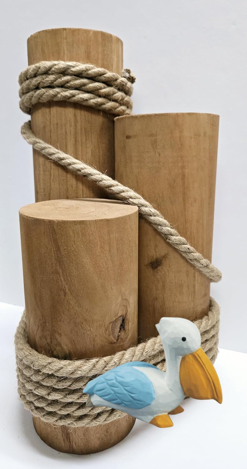 Set of 3 Nautical Wood Piling Decorations with Beautiful Pelican – Real Wooden Pier Posts for Coastal, Marine, or Nautical Decor - Huge 5” Diameter Stumps for Beach Home Decor