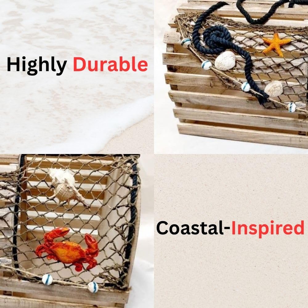 Decorative Lobster Trap Nautical Coastal Decor – Distressed Wood with Fishnet, Seashells, Crab & Starfish Accents – Perfect Beach House, Boat Decoration – Unique Ocean-Themed Gift for Sea Lovers - DRH Nauticals
