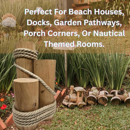 Set of 3 Real Wood Nautical Pier Pilings with Rope – 5" Diameter Decorative Marine Posts for Coastal Decor – Beach House, Patio, Dock Display – Includes Detailed Rubber Crab Accent