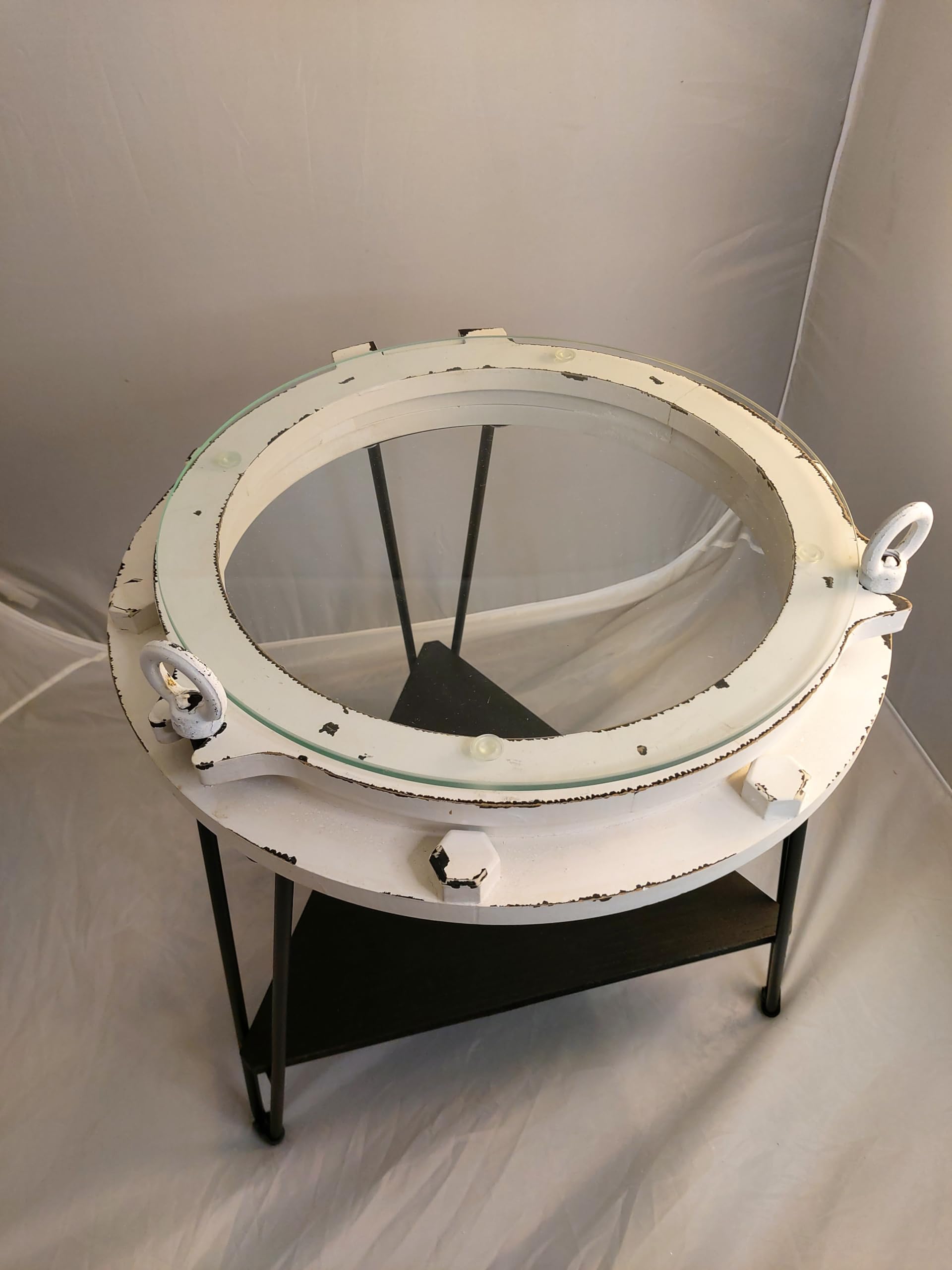DRH - Nautical Wood Ship Porthole Table - Distressed White Color with Black Metal Legs - Round Accent Table for Beach House and Boats - Coastal Theme - Perfect as Coffee Table and End Table - DRH Nauticals