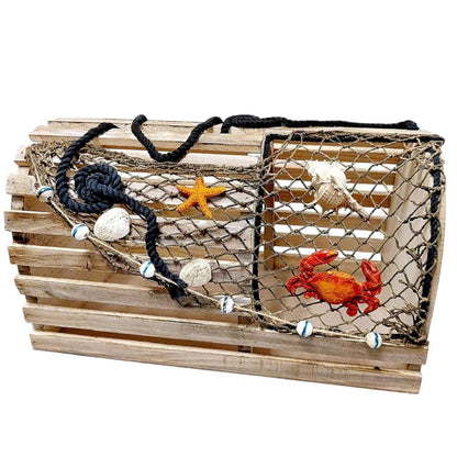 Decorative Lobster Trap Nautical Coastal Decor – Distressed Wood with Fishnet, Seashells, Crab & Starfish Accents – Perfect Beach House, Boat Decoration – Unique Ocean-Themed Gift for Sea Lovers - DRH Nauticals