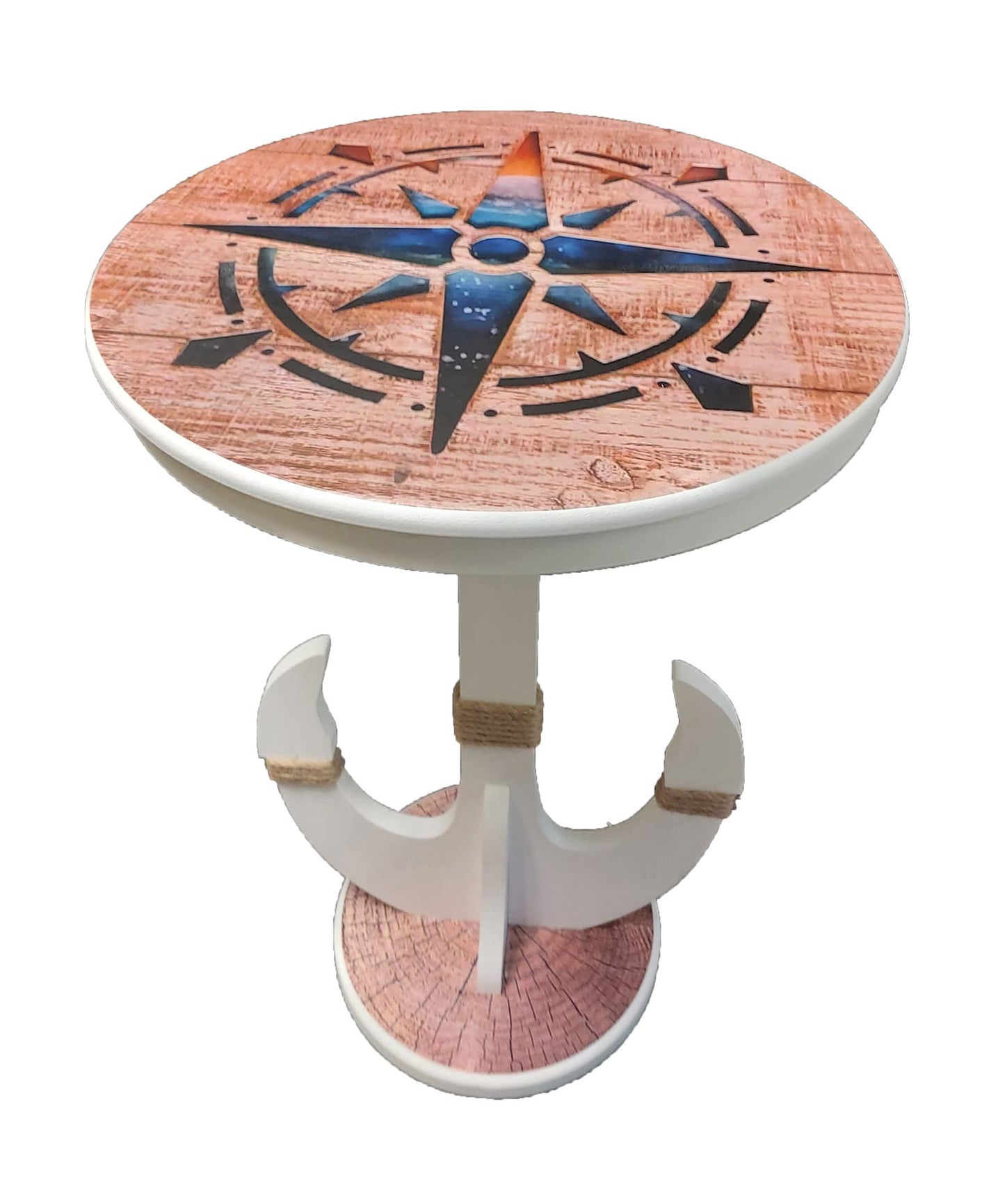 DRH - Nautical Compass Rose Accent Table Solid Wood with Sturdy Anchor Legs Coffee & End for Beach House and Boats Coastal Decor Sailors Round 20'' X 24'', White (TB-920) - DRH Nauticals