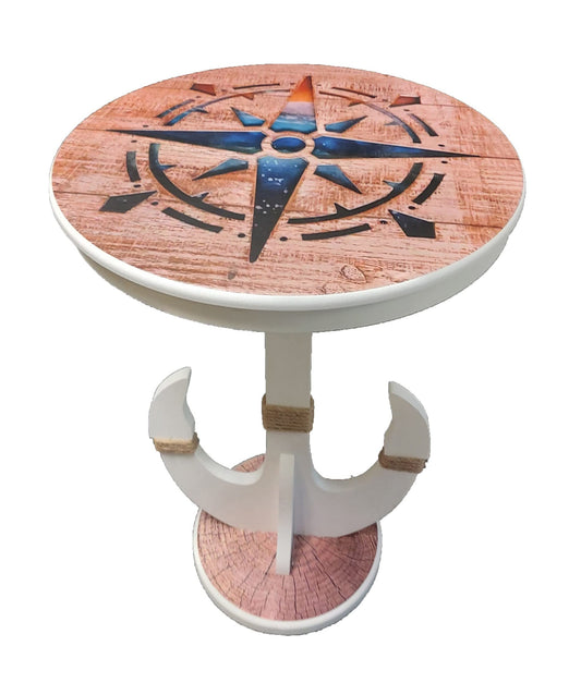 DRH - Nautical Compass Rose Accent Table Solid Wood with Sturdy Anchor Legs Coffee & End for Beach House and Boats Coastal Decor Sailors Round 20'' X 24'', White (TB-920)