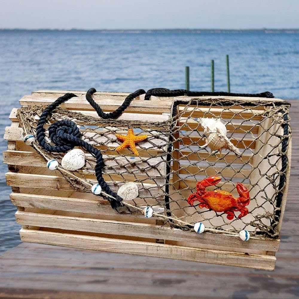 Decorative Lobster Trap Nautical Coastal Decor – Distressed Wood with Fishnet, Seashells, Crab & Starfish Accents – Perfect Beach House, Boat Decoration – Unique Ocean-Themed Gift for Sea Lovers - DRH Nauticals