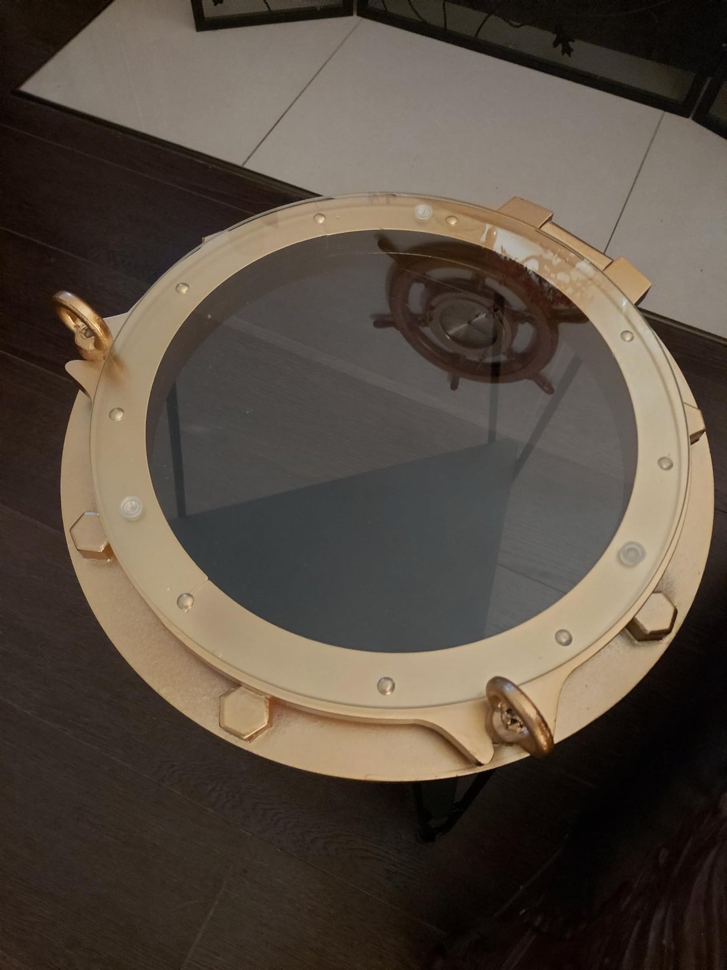 DRH - Nautical Wood Ship Porthole Table - Gold Color with Black Metal Legs - Round Accent Table for Beach House and Boats - Coastal Theme - Perfect as Coffee Table and End Table - DRH Nauticals