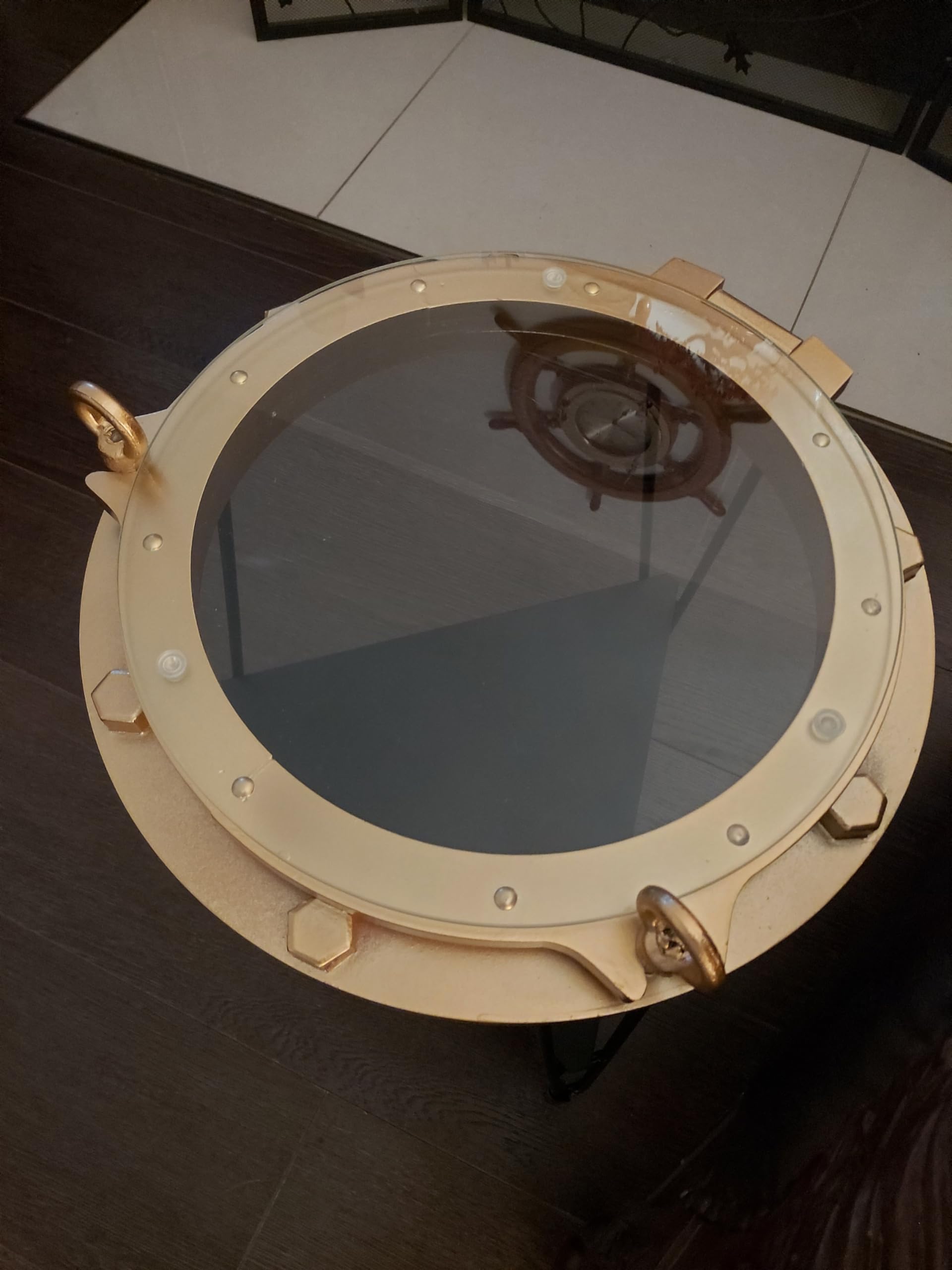 DRH - Nautical Wood Ship Porthole Table - Gold Color with Black Metal Legs - Round Accent Table for Beach House and Boats - Coastal Theme - Perfect as Coffee Table and End Table - DRH Nauticals