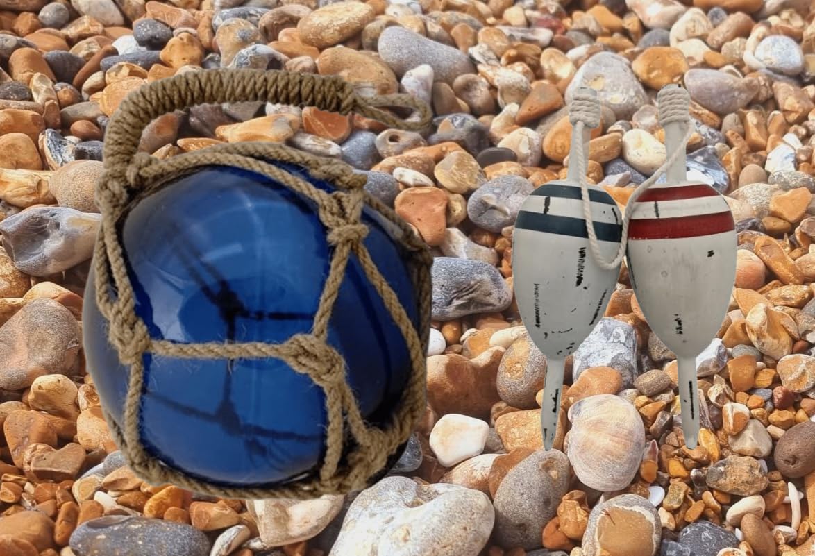 Nautical Glass Fishing Float & Wooden Buoy Set - 12" Blue Glass Ball with Net + 11" Distressed Wood Buoy - Coastal Beach House Decor, Vintage Ocean Gift - DRH Nauticals