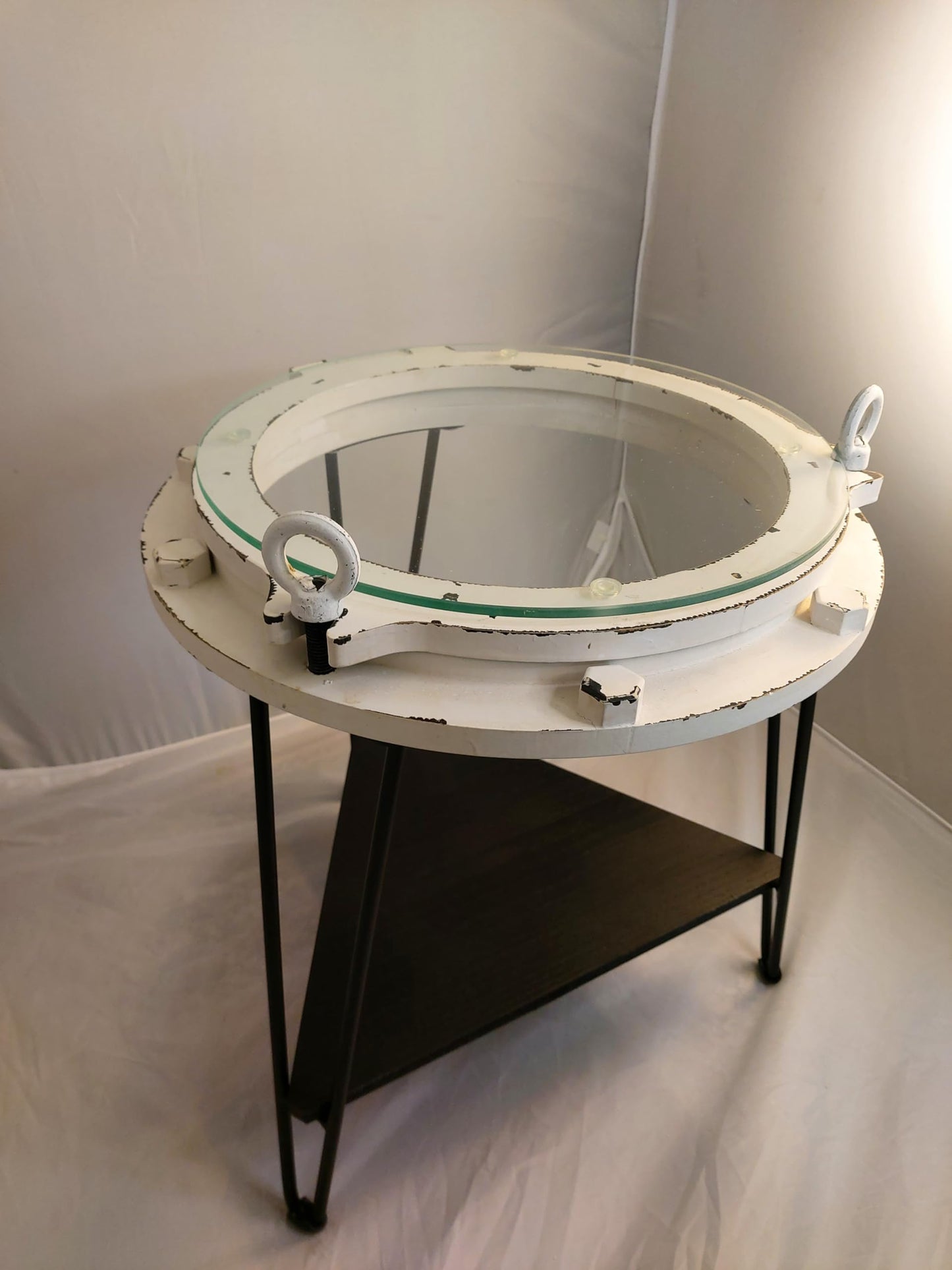 DRH - Nautical Wood Ship Porthole Table - Distressed White Color with Black Metal Legs - Round Accent Table for Beach House and Boats - Coastal Theme - Perfect as Coffee Table and End Table - DRH Nauticals