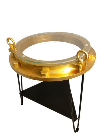 DRH - Nautical Wood Ship Porthole Table - Gold Color with Black Metal Legs - Round Accent Table for Beach House and Boats - Coastal Theme - Perfect as Coffee Table and End Table - DRH Nauticals