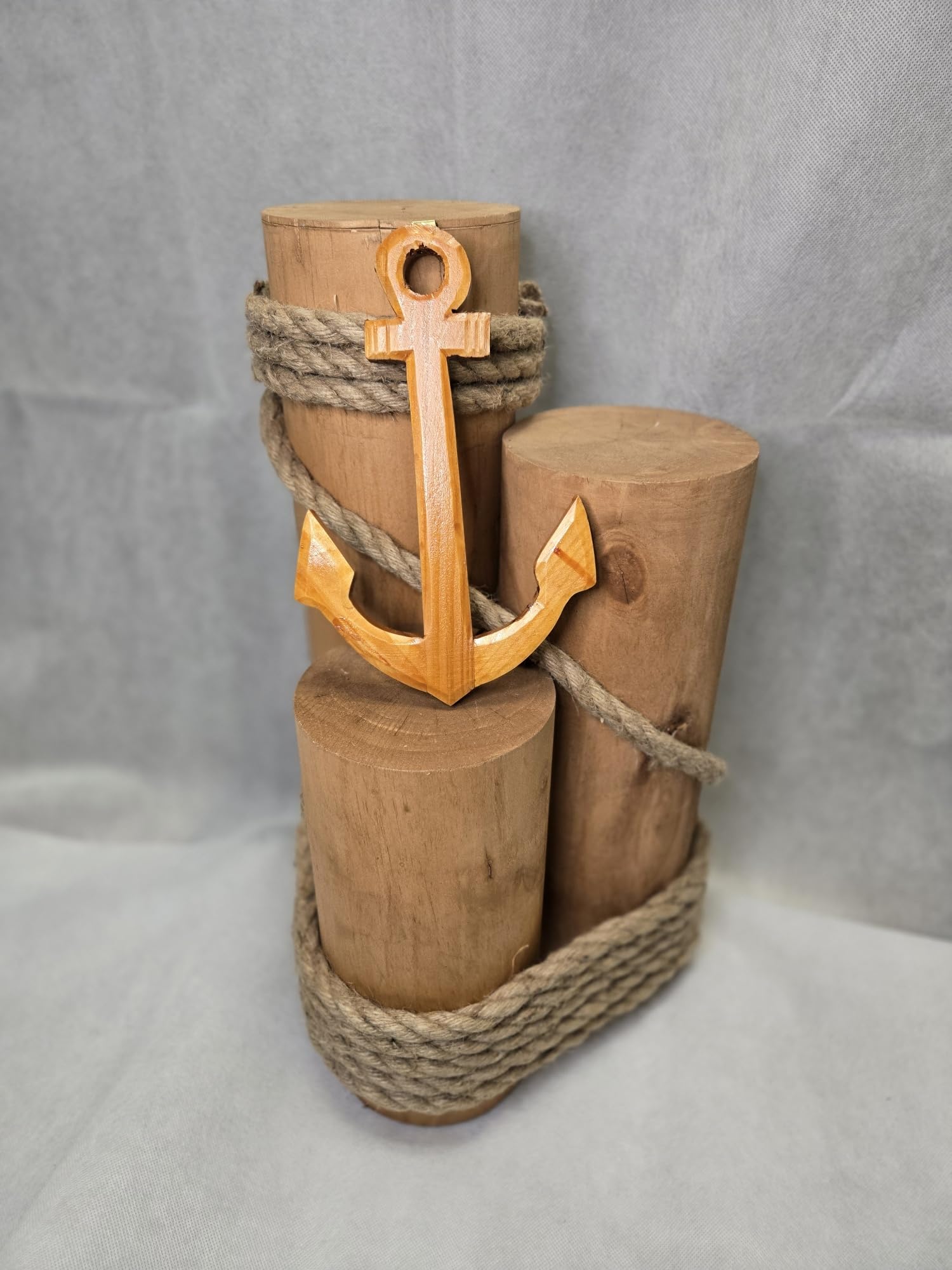 Set of 3 Nautical Wood Piling Decorations with Beautiful Wooden Anchor– Real Wooden Pier Posts for Coastal, Marine, or Nautical Decor - Huge 5” Diameter Stumps for Beach Home Decor - DRH Nauticals