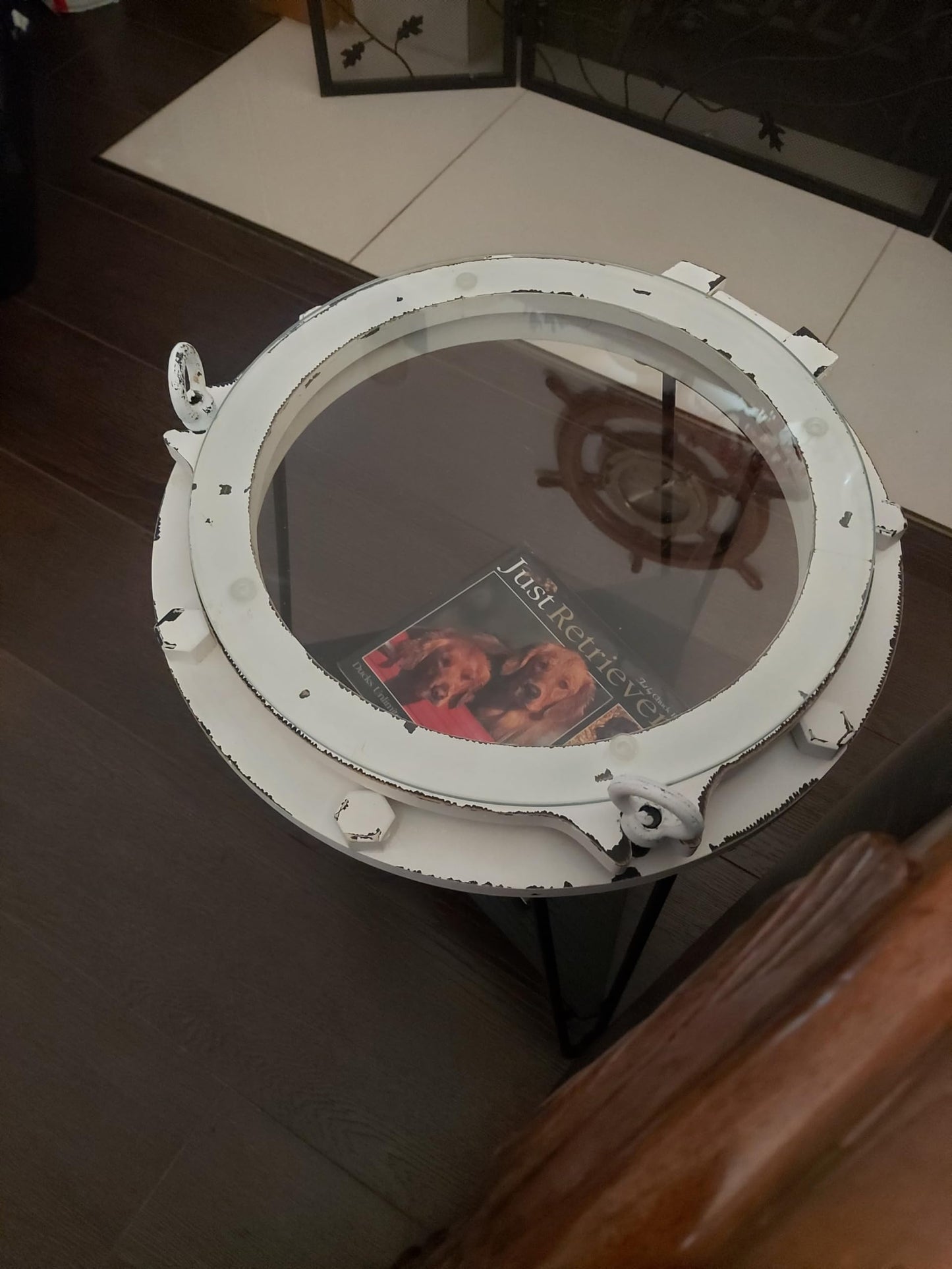 DRH - Nautical Wood Ship Porthole Table - Distressed White Color with Black Metal Legs - Round Accent Table for Beach House and Boats - Coastal Theme - Perfect as Coffee Table and End Table - DRH Nauticals